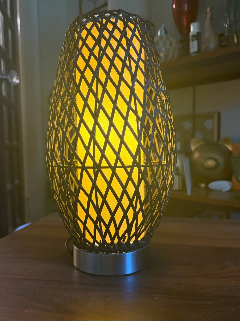 Woven Metal Lantern Lamp in Black with Warm Amber Glow